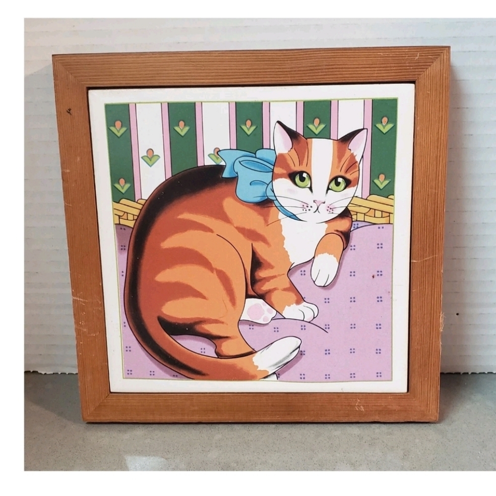 Vintage 80s Orange Cat Framed Ceramic Tile